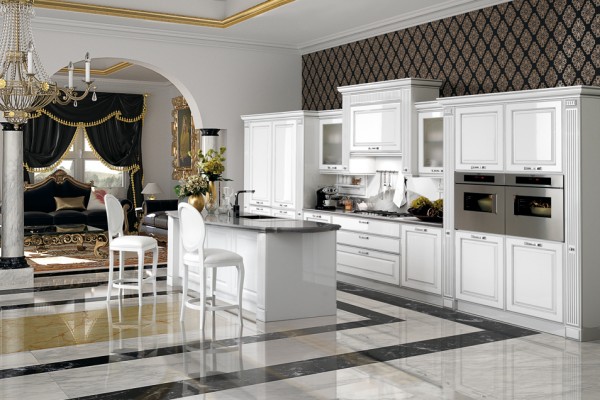 Luxury styling combined with modern functional design.
Mirabeau recalls the richly-decorated friezes of the XVII century. In chantilly and white, highlighted by inlays in silver and gold which furthe